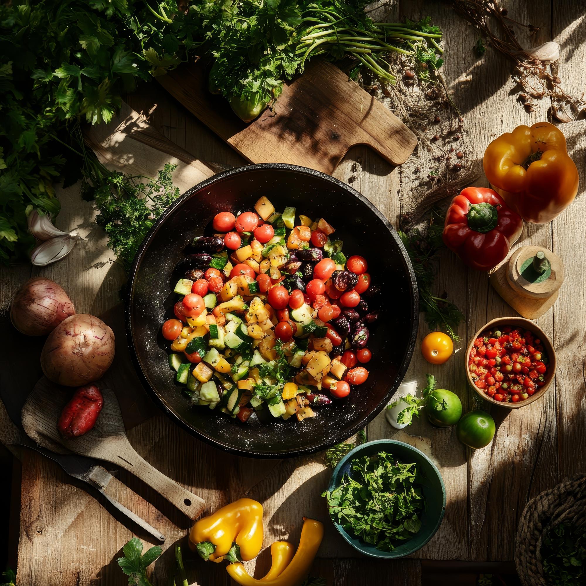 Close up of seasonal vegetables and prepared dish on a counter