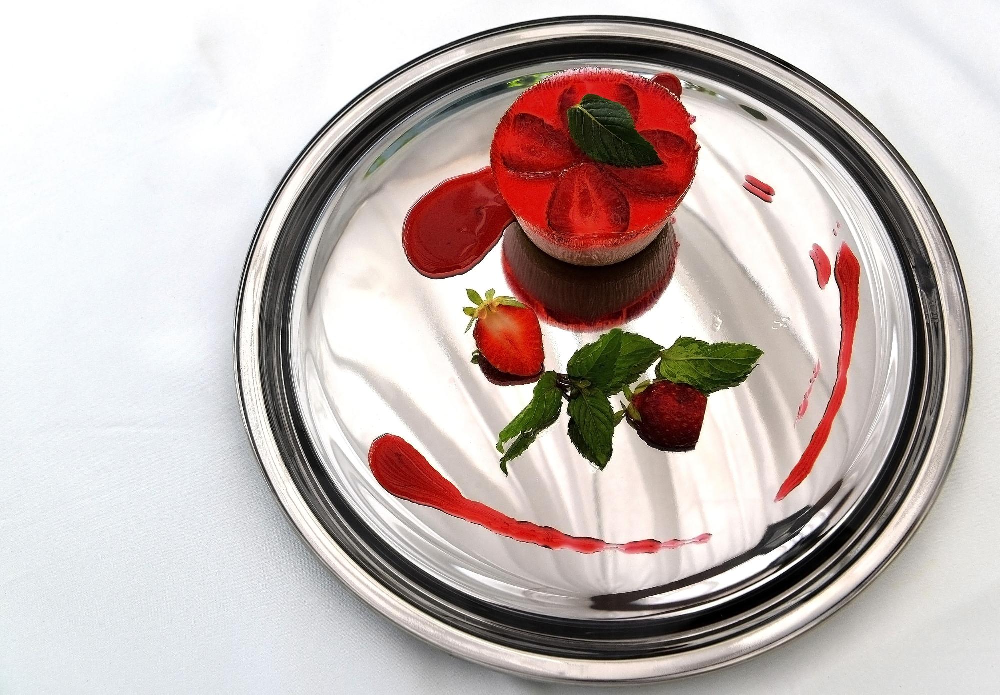 Closeup of plated dessert with glossy glaze